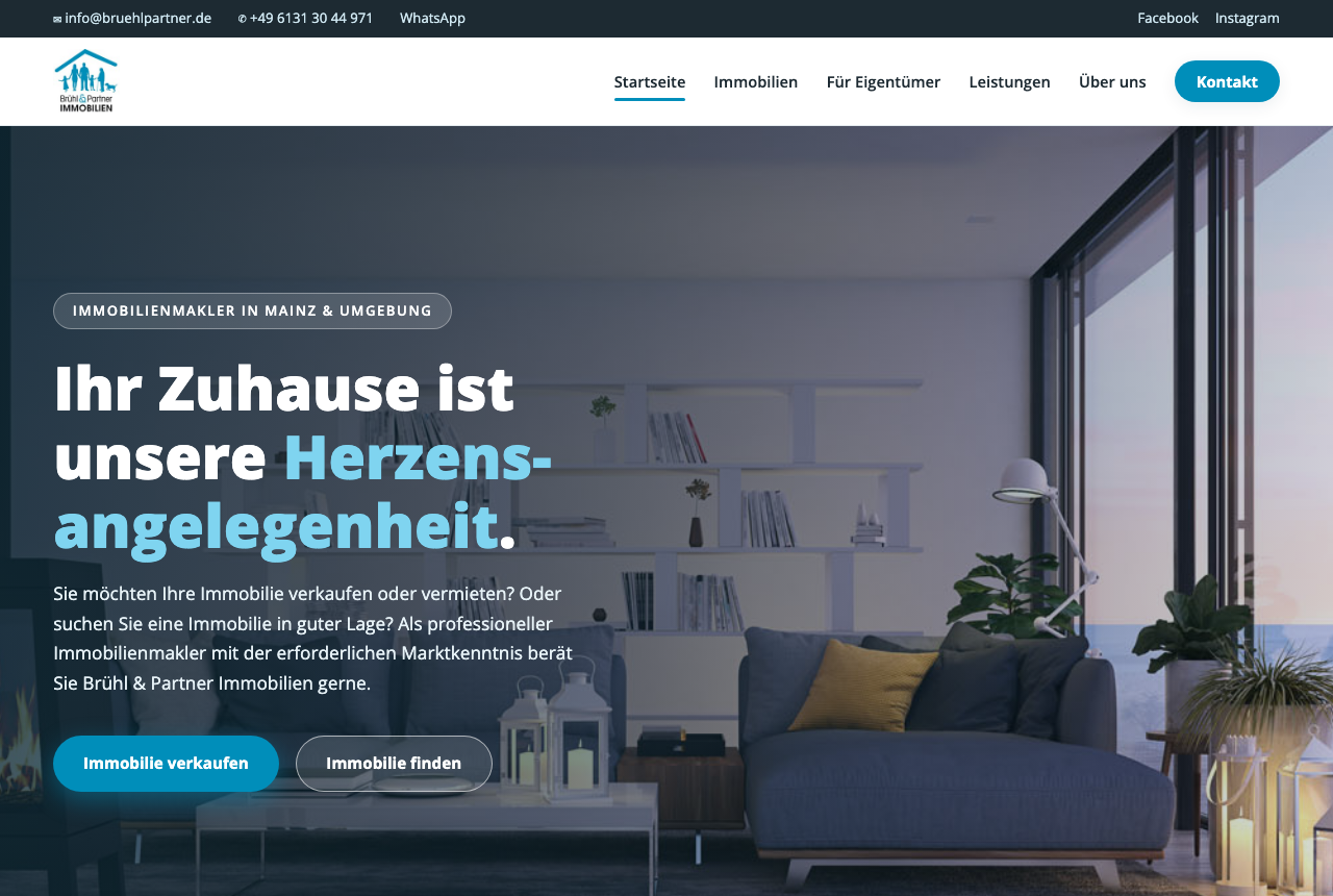 Brühl & Partner Immobilien, Startseite des Redesigns